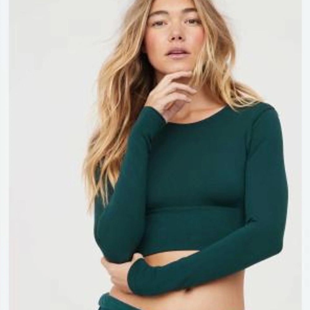 Aerie Sidewalk Seamless Waffle Long Sleeve Cropped T- Shirt Deep Forest Green